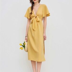 Cider Mustard Tie-Front Midi Dress